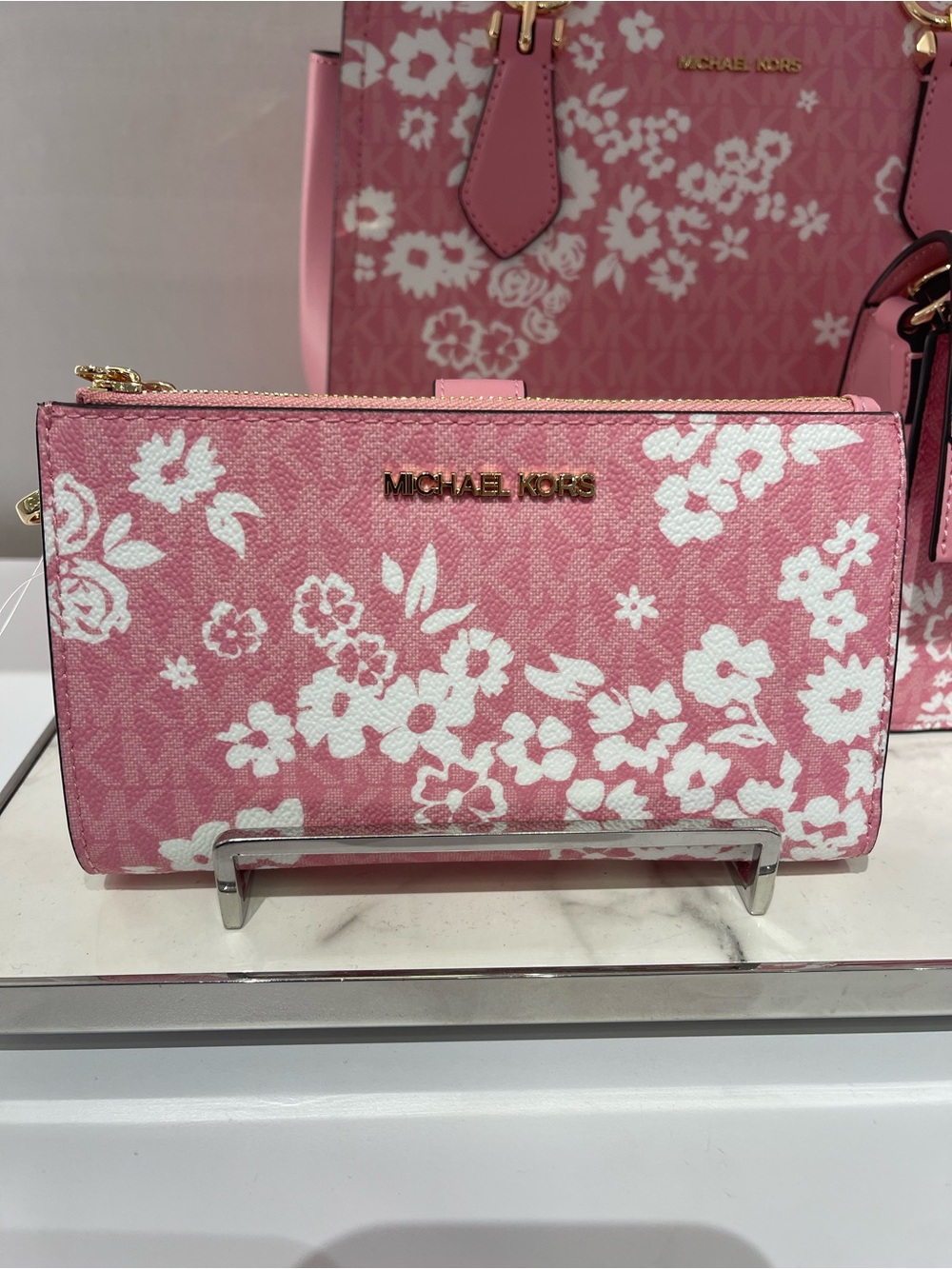 MICHAEL KORS Pink Floral Zip Wallet Wristlet with Gold Hardware - Picture 12 of 16